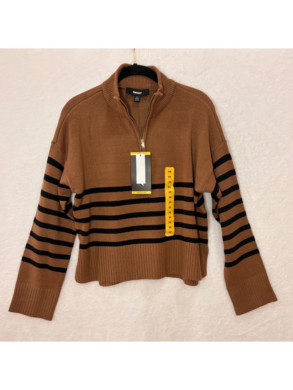 DKNY Brown Black Striped Quarter Zip Sweater Medium NWT Mock Neck Relaxed Knit